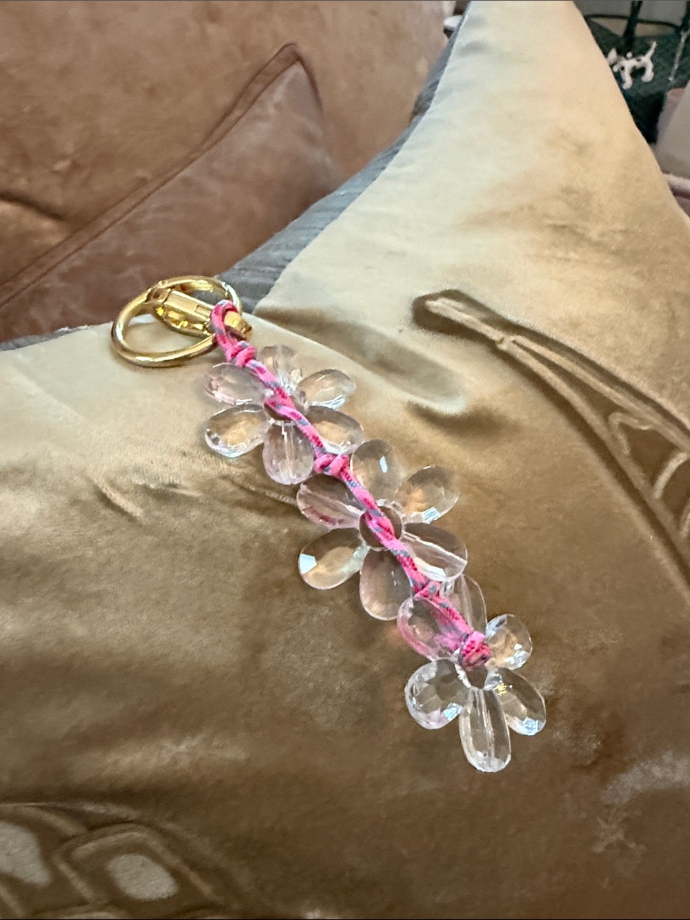 Clear Crystal Flower Keychain with Pink Cord